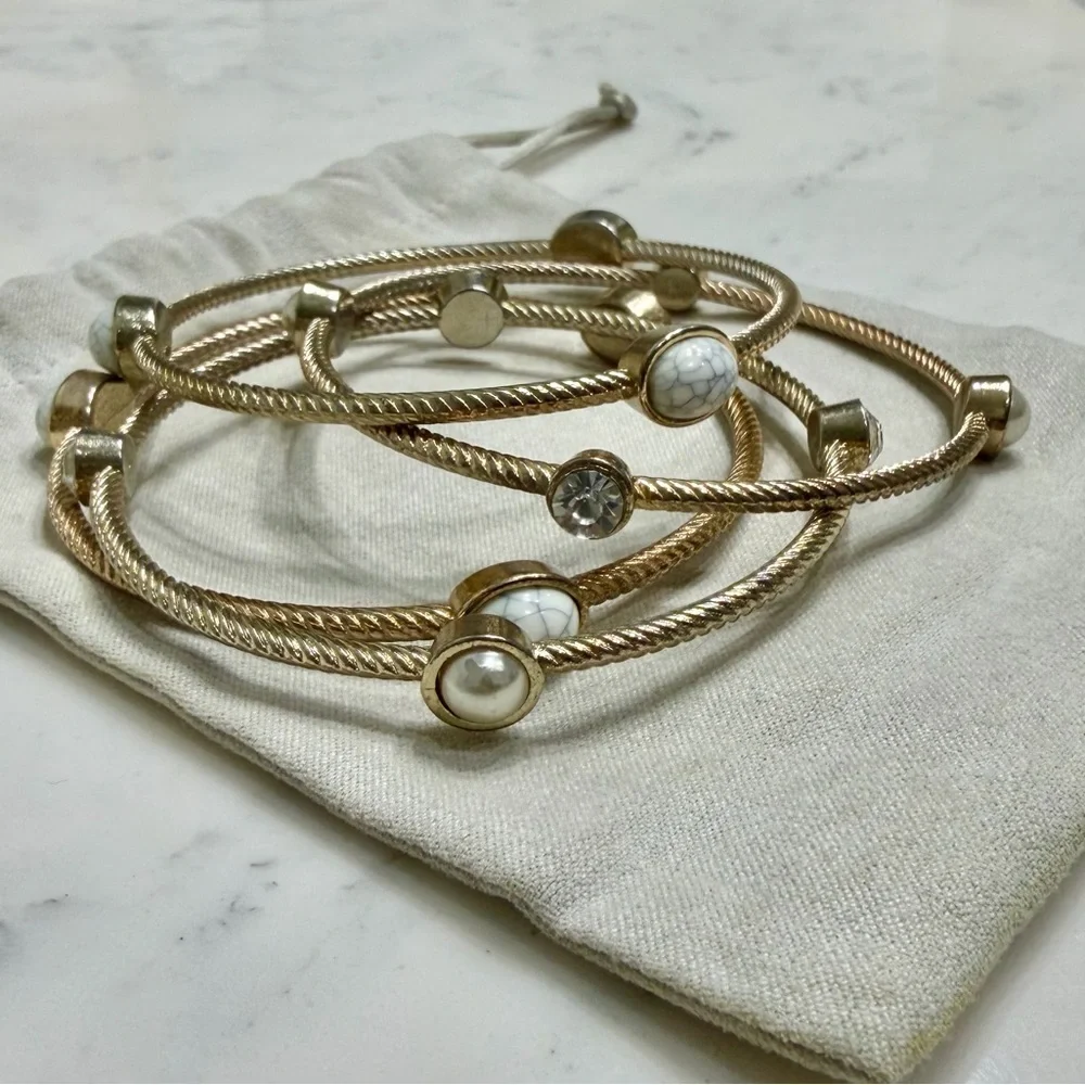 Silver Plated Faux Pearl, Howlite, and Rhinestone Bangles, Set of (4) LIKE NEW - Picture 2 of 5